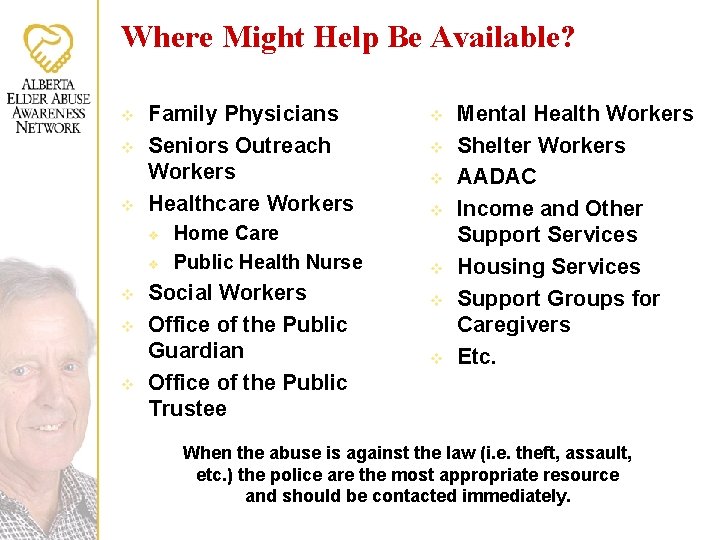 Where Might Help Be Available? v v v Family Physicians Seniors Outreach Workers Healthcare