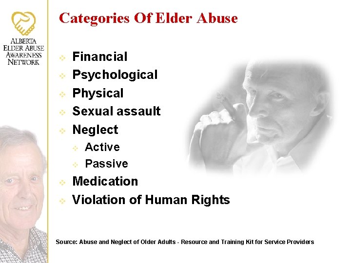 Categories Of Elder Abuse v v v Financial Psychological Physical Sexual assault Neglect v