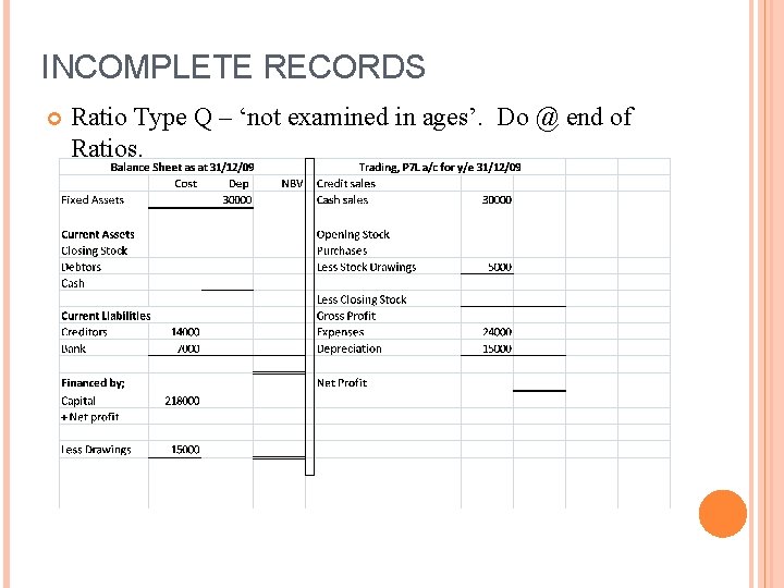 INCOMPLETE RECORDS Ratio Type Q – ‘not examined in ages’. Do @ end of