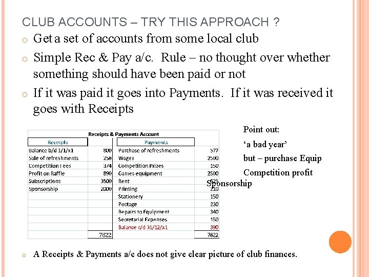 CLUB ACCOUNTS – TRY THIS APPROACH ? o o o Get a set of