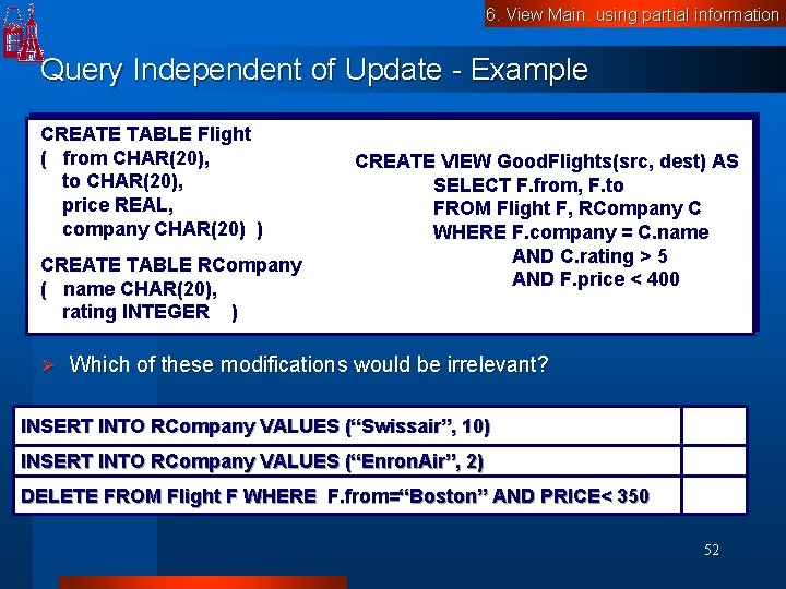6. View Main. using partial information Query Independent of Update - Example CREATE TABLE