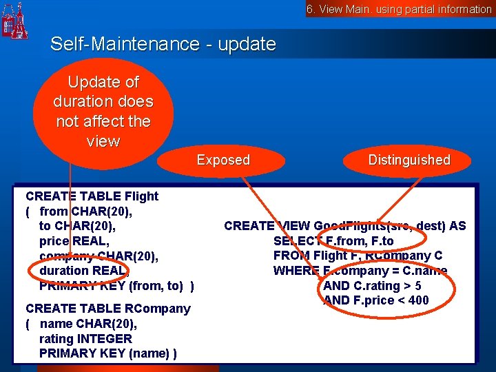 6. View Main. using partial information Self-Maintenance - update Update of duration does not