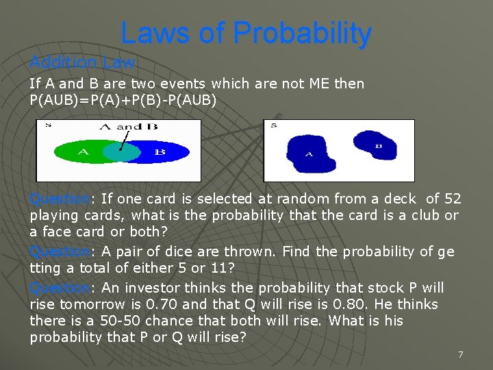 Laws of Probability Addition Law If A and B are two events which are