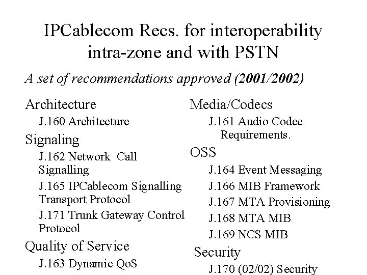 IPCablecom Recs. for interoperability intra-zone and with PSTN A set of recommendations approved (2001/2002)