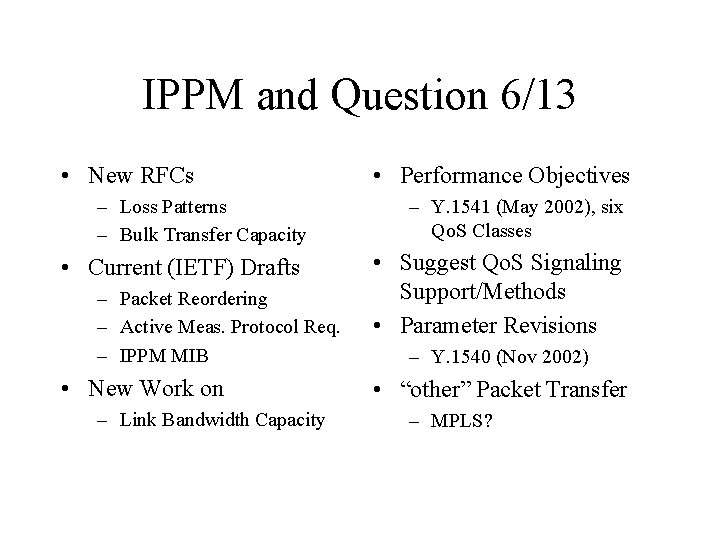 IPPM and Question 6/13 • New RFCs – Loss Patterns – Bulk Transfer Capacity