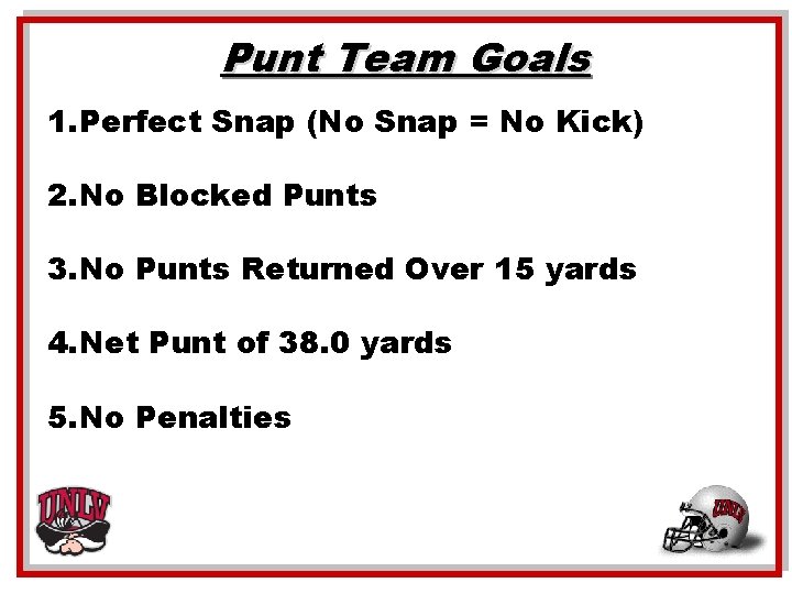 Punt Team Goals 1. Perfect Snap (No Snap = No Kick) 2. No Blocked