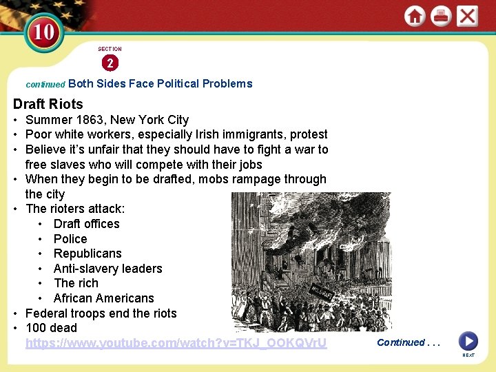 SECTION 2 continued Both Sides Face Political Problems Draft Riots • Summer 1863, New
