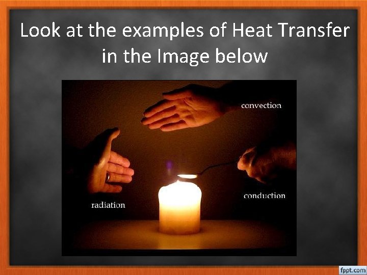 Look at the examples of Heat Transfer in the Image below 