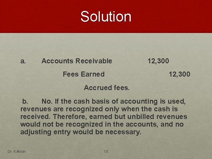 Solution a. Accounts Receivable Fees Earned 12, 300 Accrued fees. b. No. If the