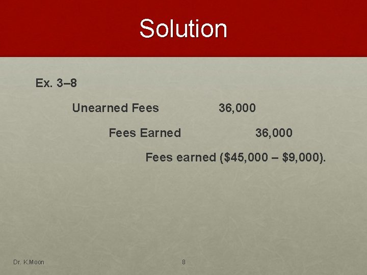 Solution Ex. 3– 8 Unearned Fees 36, 000 Fees Earned 36, 000 Fees earned