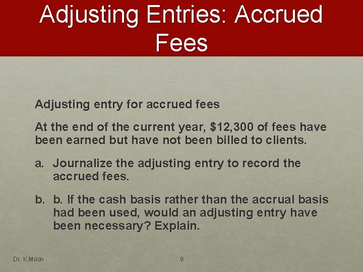 Adjusting Entries: Accrued Fees Adjusting entry for accrued fees At the end of the