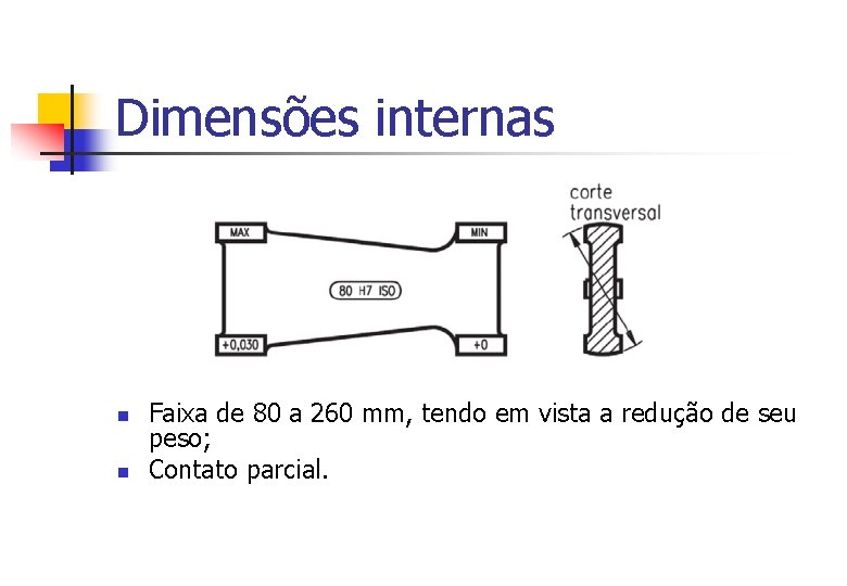 Dimensões internas n n Faixa de 80 a 260 mm, tendo em vista a