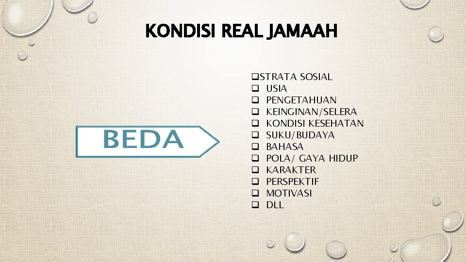 KONDISI REAL JAMAAH q. STRATA SOSIAL q USIA q PENGETAHUAN q KEINGINAN/SELERA q KONDISI