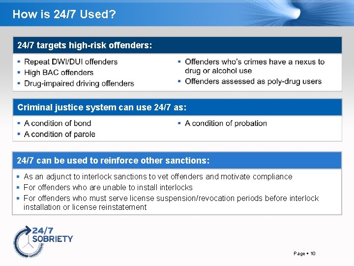 How is 24/7 Used? 24/7 targets high-risk offenders: Criminal justice system can use 24/7