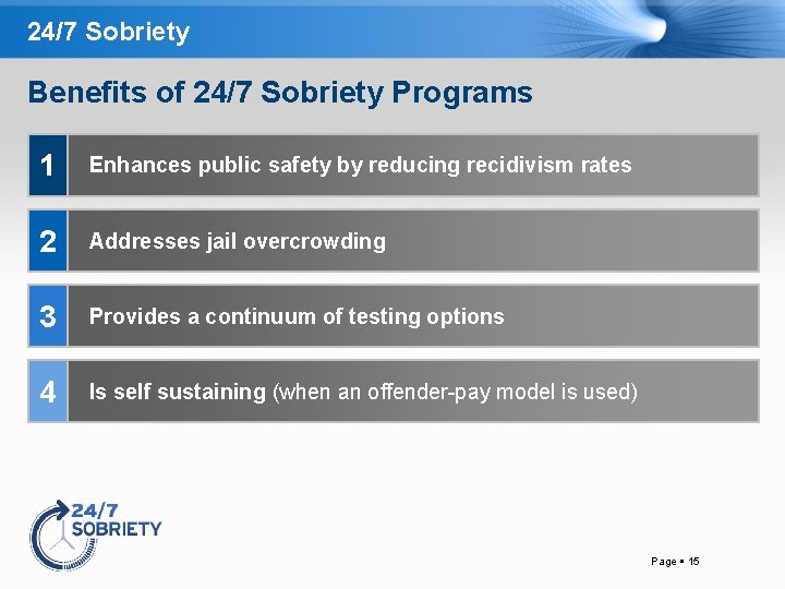 24/7 Sobriety Benefits of 24/7 Sobriety Programs 1 Enhances public safety by reducing recidivism