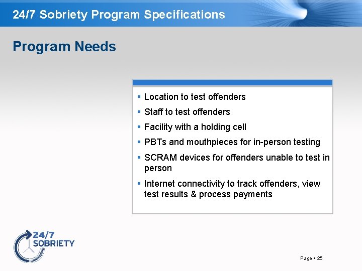 24/7 Sobriety Program Specifications Program Needs Location to test offenders Staff to test offenders