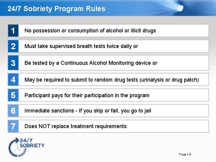 24/7 Sobriety Program Rules 1 No possession or consumption of alcohol or illicit drugs
