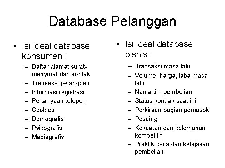 Database Pelanggan • Isi ideal database konsumen : – Daftar alamat suratmenyurat dan kontak