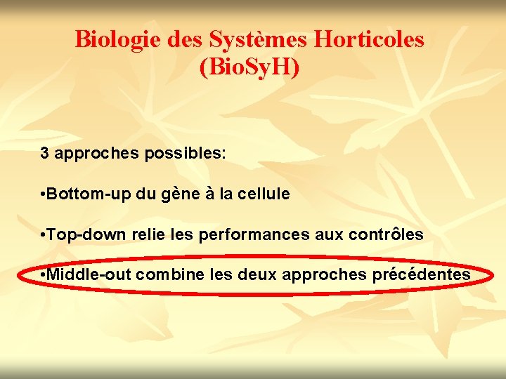 Biologie des Systèmes Horticoles (Bio. Sy. H) 3 approches possibles: • Bottom-up du gène