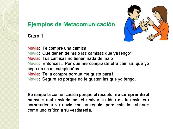 Ejemplos de Metacomunicación Caso 1 Novia: Te compre una camisa Novio: Que tienen de