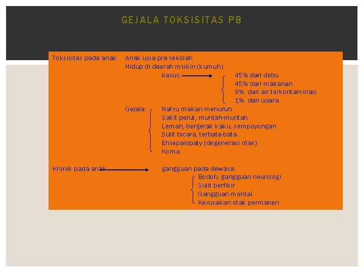 GEJA LA TOKSISITAS PB Toksisitas pada anak: Anak usia pra sekolah Hidup di daerah