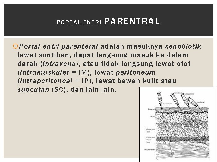 PORTAL ENTRI PARENTRAL Portal entri parenteral adalah masuknya xenobiotik lewat suntikan, dapat langsung masuk