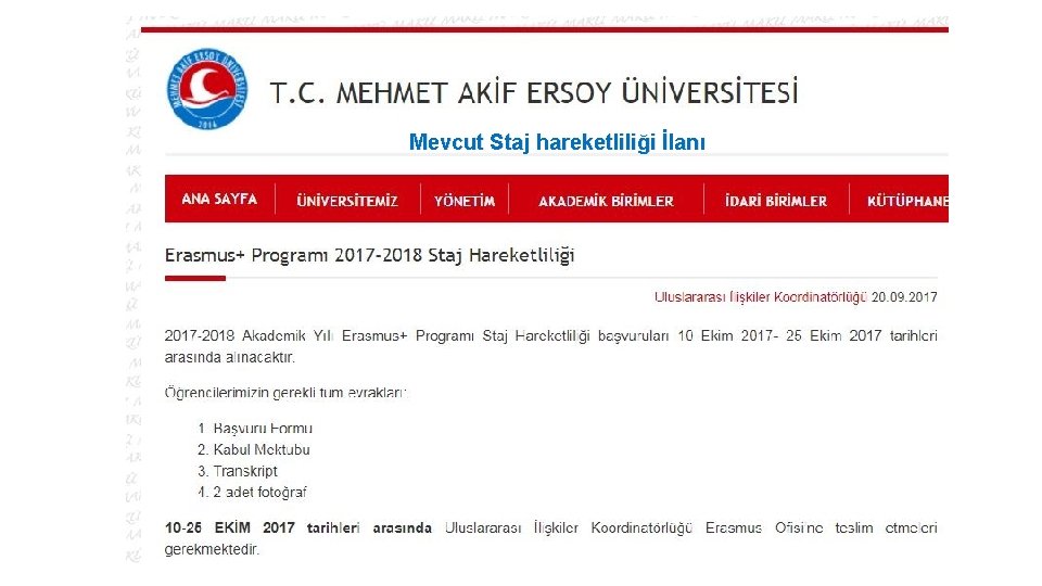 Mevcut Staj hareketliliği İlanı 