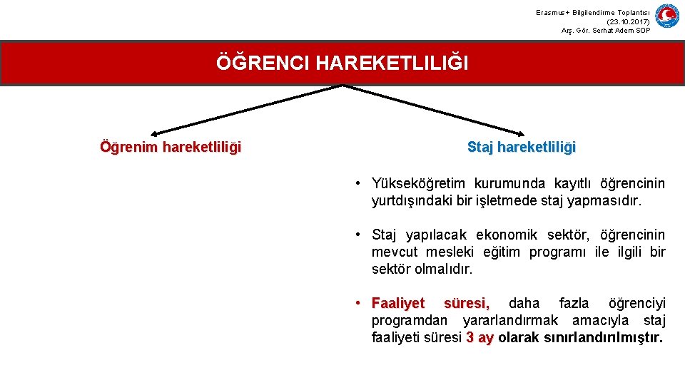 Erasmus+ Bilgilendirme Toplantısı (23. 10. 2017) Arş. Gör. Serhat Adem SOP ÖĞRENCI HAREKETLILIĞI Öğrenim