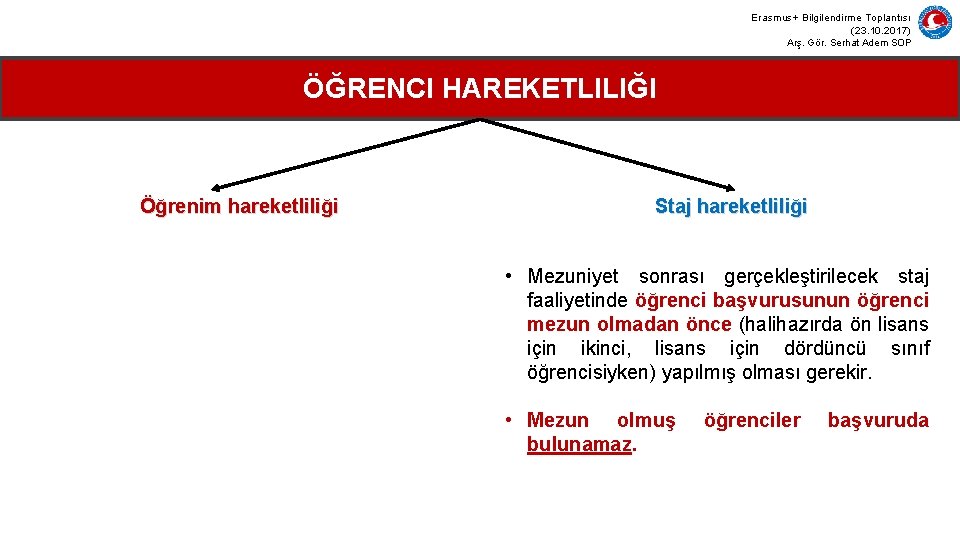 Erasmus+ Bilgilendirme Toplantısı (23. 10. 2017) Arş. Gör. Serhat Adem SOP ÖĞRENCI HAREKETLILIĞI Öğrenim