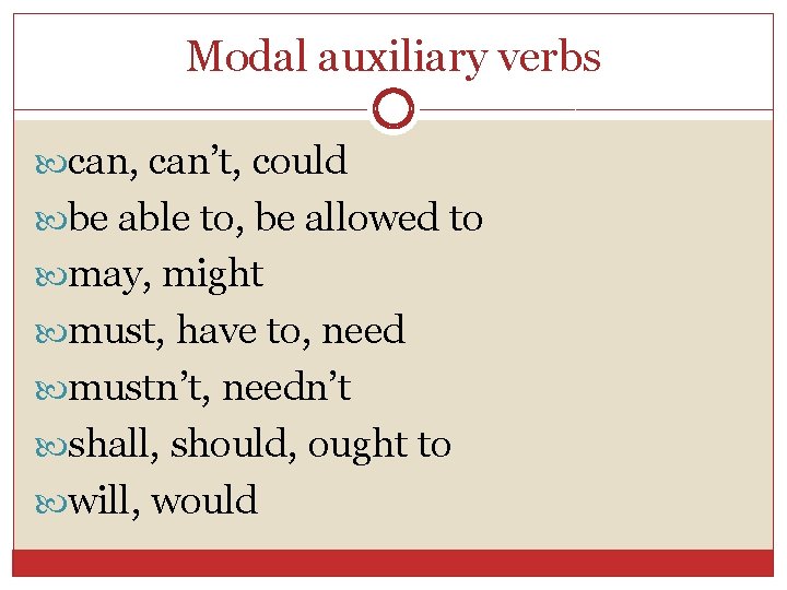Modal auxiliary verbs can, can’t, could be able to, be allowed to may, might