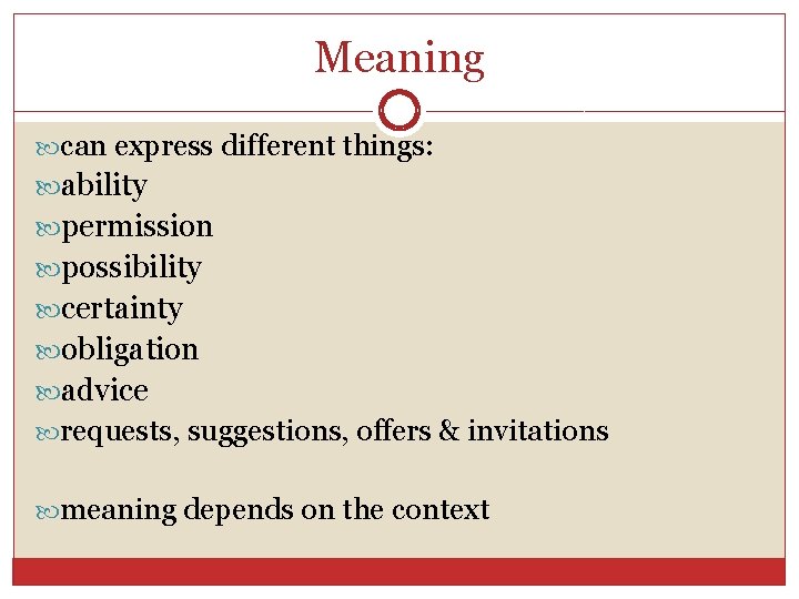 Meaning can express different things: ability permission possibility certainty obligation advice requests, suggestions, offers