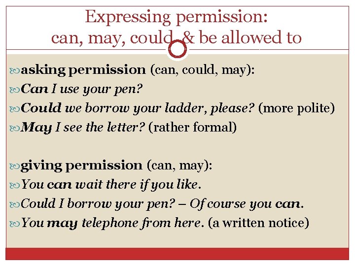 Expressing permission: can, may, could & be allowed to asking permission (can, could, may):