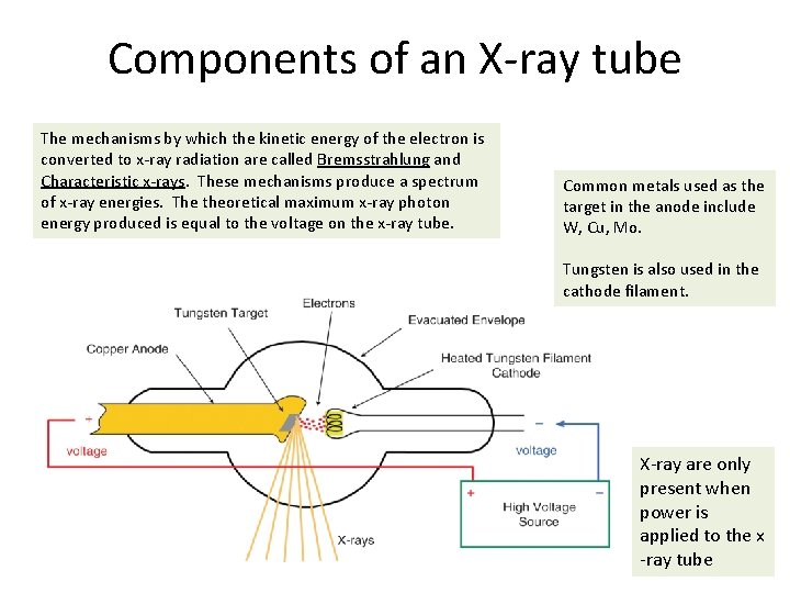 Components of an X-ray tube The mechanisms by which the kinetic energy of the