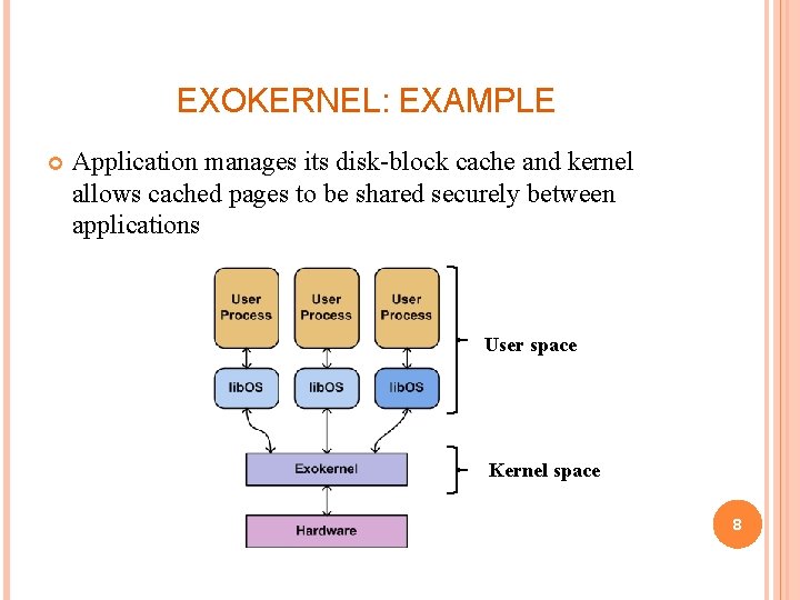 EXOKERNEL: EXAMPLE Application manages its disk-block cache and kernel allows cached pages to be
