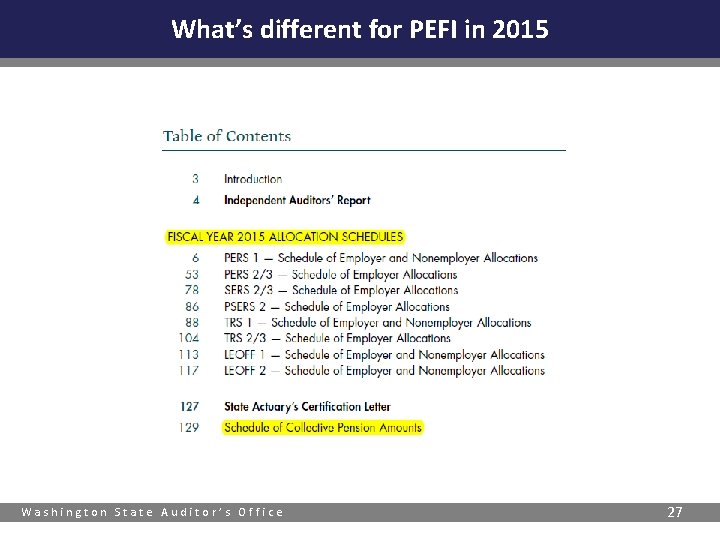 What’s different for PEFI in 2015 Washington State Auditor’s Office 27 