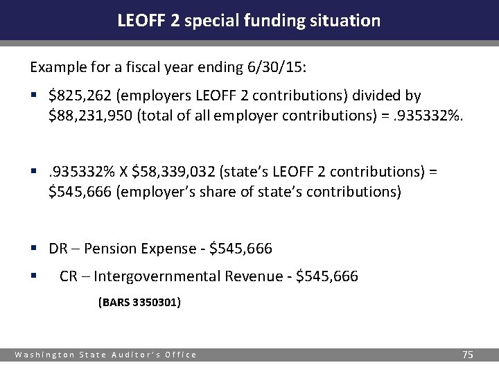 LEOFF 2 special funding situation Example for a fiscal year ending 6/30/15: § $825,