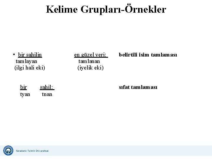 Kelime Grupları-Örnekler • bir sahilin en güzel yeri: belirtili isim tamlaması tamlayan tamlanan (ilgi