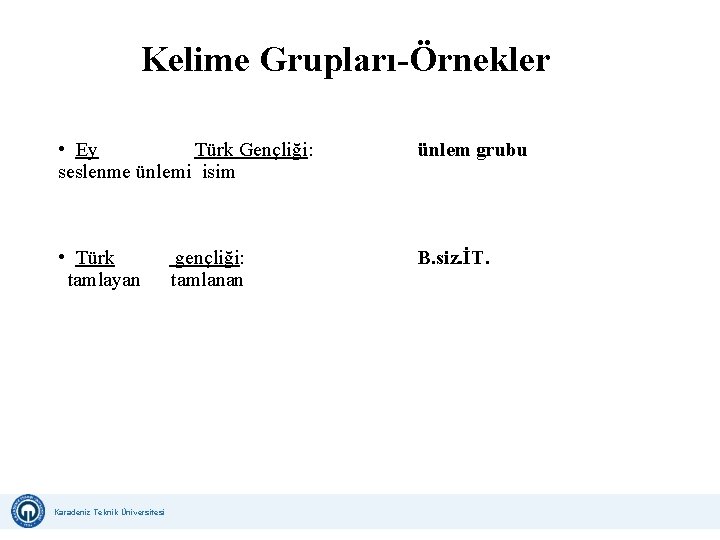 Kelime Grupları-Örnekler • Ey Türk Gençliği: seslenme ünlemi isim ünlem grubu • Türk gençliği: