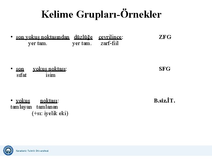 Kelime Grupları-Örnekler • son yokuş noktasından düzlüğe çevrilince: yer tam. zarf-fiil ZFG • son