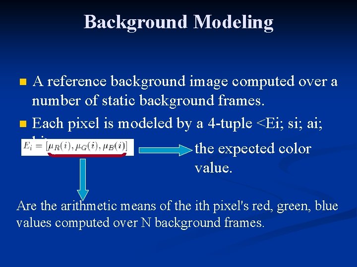 Background Modeling n n A reference background image computed over a number of static