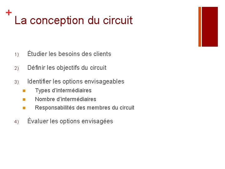 + La conception du circuit 1) Étudier les besoins des clients 2) Définir les