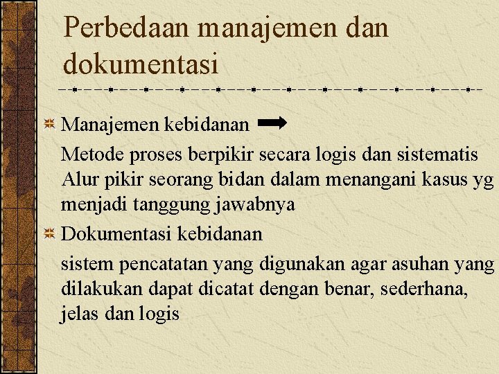 Perbedaan manajemen dan dokumentasi Manajemen kebidanan Metode proses berpikir secara logis dan sistematis Alur