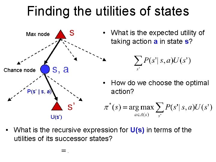 Finding the utilities of states • What is the expected utility of taking action