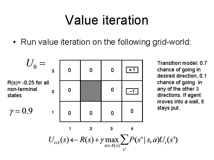 Value iteration • Run value iteration on the following grid-world: 0 R(s)= -0. 25