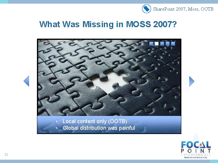 Share. Point 2007, Moss, OOTB What Was Missing in MOSS 2007? • Local content