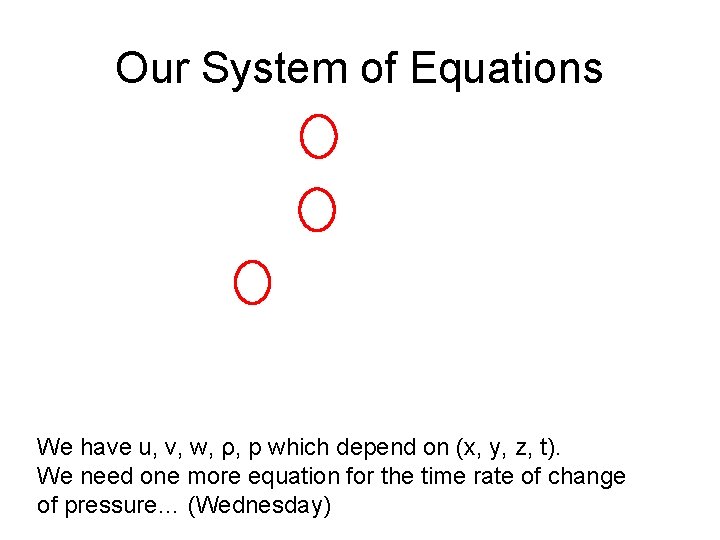 Our System of Equations We have u, v, w, ρ, p which depend on