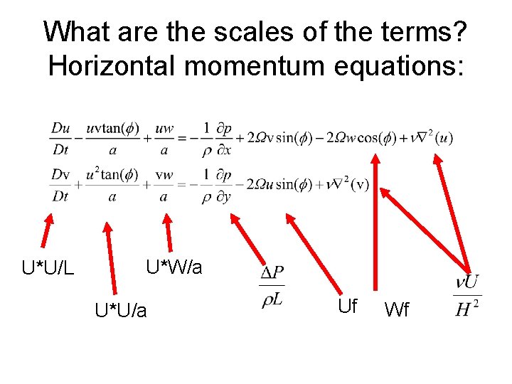 What are the scales of the terms? Horizontal momentum equations: U*U/L U*W/a U*U/a Uf