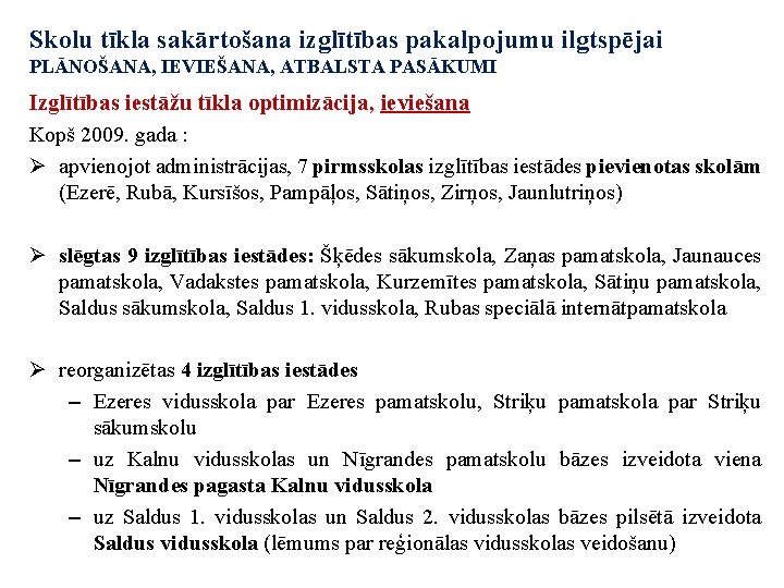 Skolu tīkla sakārtošana izglītības pakalpojumu ilgtspējai PLĀNOŠANA, IEVIEŠANA, ATBALSTA PASĀKUMI Izglītības iestāžu tīkla optimizācija,