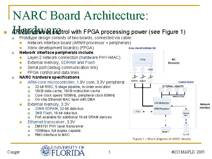 n NARC Board Architecture: ARM 9 network control with FPGA processing power (see Figure