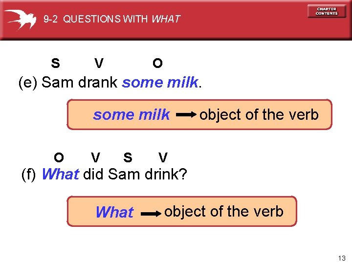 9 -2 QUESTIONS WITH WHAT S V O (e) Sam drank some milk O